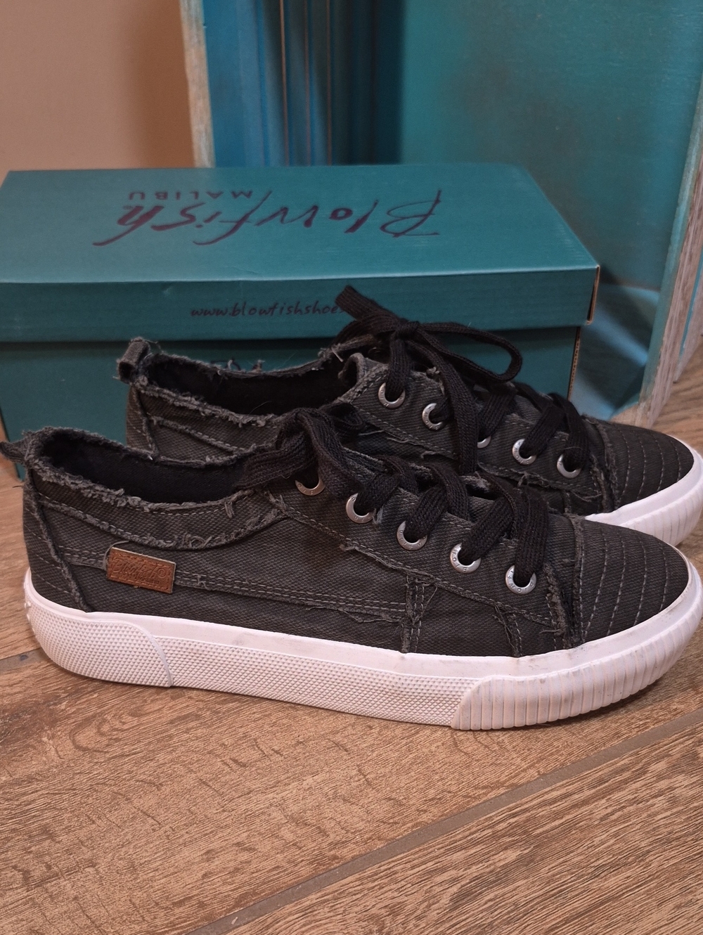 Blowfish Distressed Black Canvas Low-Top Sneakers with White Sole